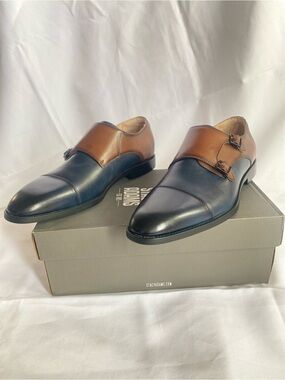 Stacy Adams Raythorne Cap Toe Double Monk Strap Navy Brown Leather Oxford Men 11